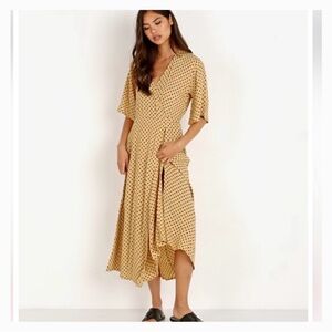 Faithfull the Brand Ocre-Yellow, Polka Dot Wrap Midi Dress, XS